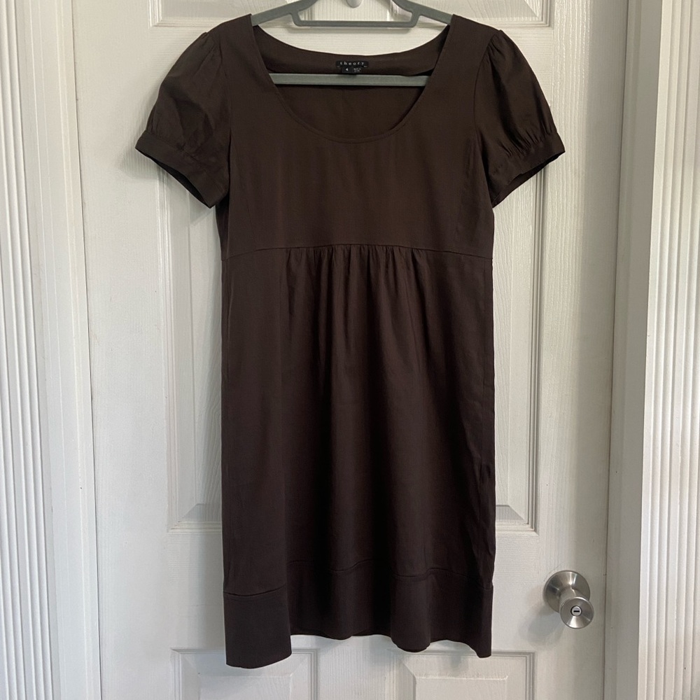 Theory Willy Dress Size 4 Linen Blend Brown Empire Waist Feminine